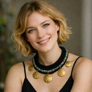 Handmade Turkish Bronze Hammered Coin Statement Necklace Turquoise Boho Luxe